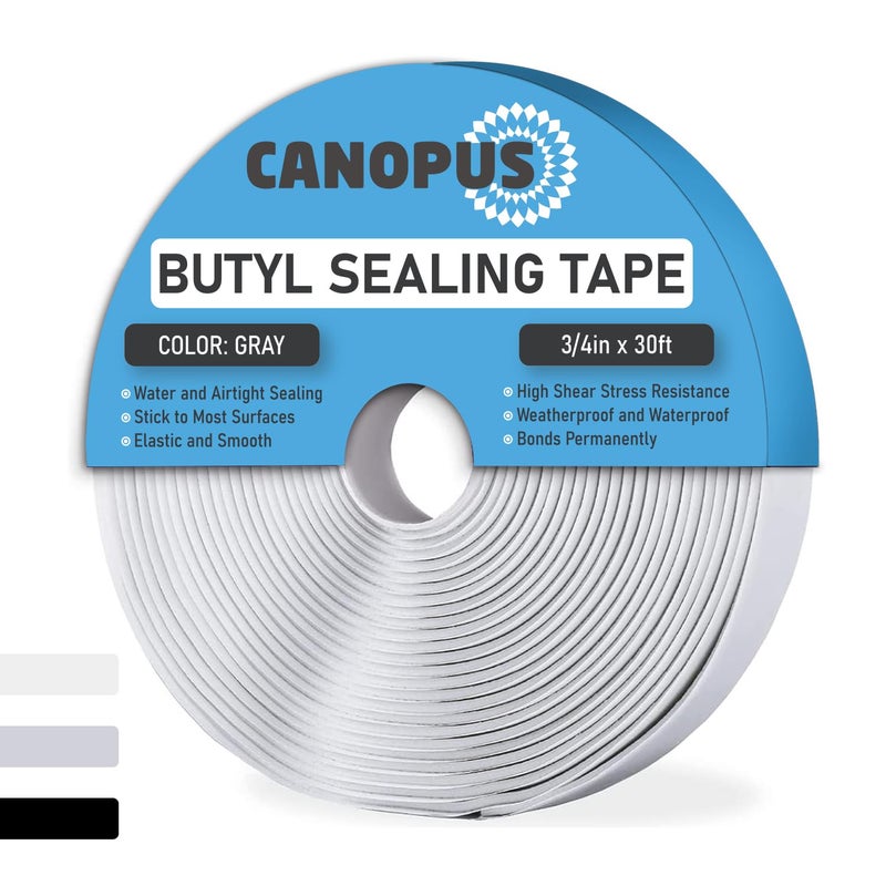 CANOPUS Butyl Seal Tape, Gray, 1/8-in x 3/4-in x 30-ft, Heavy Duty, Waterproof Sealant Putty Tape, Rubber Tape to Seal RV, Boat, Home Pipes and Car Windows Leaks - Image 1